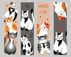 Set bookmarks with many different  red, grey, black and white cats on grey and beige background. Vector illustration for children.