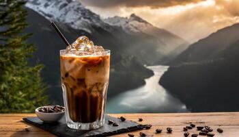 ai generado vaso de con hielo café en el mesa con naturaleza antecedentes foto