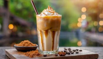 ai generado con hielo caramelo macchiato en un alto vaso con borroso antecedentes foto