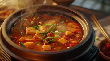 AI generated Traditional Korean food. Bowl of hot spicy kimchi jjigae. Generated by artificial intelligence. photo