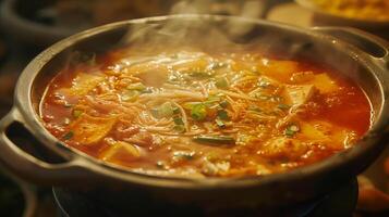 AI generated Traditional Korean food. Bowl of hot spicy kimchi jjigae. Generated by artificial intelligence. photo