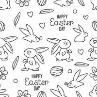 Seamless hand-drawn pattern of rabbits,bunny, eggs, hearts, flowers, and leaves on a white background. Vector illustrations