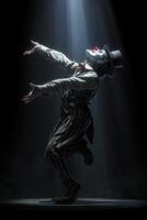 AI generated The clown performs on a dark stage. Dancing clown photo