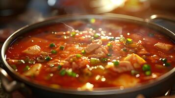 AI generated Traditional Korean food. Bowl of hot spicy kimchi jjigae. Generated by artificial intelligence. photo