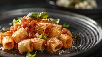 AI generated Small squares pasta with Ricotta-Tomato souse on black plate. Generated by artificial intelligence. photo