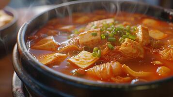 AI generated Traditional Korean food. Bowl of hot spicy kimchi jjigae. Generated by artificial intelligence. photo