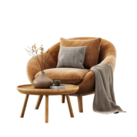 AI generated Cozy armchair and coffee table isolated on transparent background With clipping path.3d render png