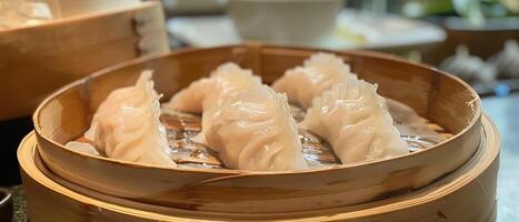 AI generated A Hot steamed dumplings served in a traditional bamboo steamer with soy sauce photo