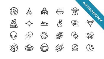 espacio y planeta vector línea iconos, Delgado línea estilo.contiene tal íconos como espacio, planeta, extraterrestre, solar, astronauta, tecnología, espacio viajes, estrellas, exploración y otro elementos
