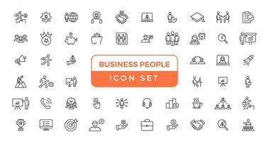 Business people line icons set. Businessman outline icons collection. Teamwork, human resources, meeting, partnership, meeting, work group, success, resume - stock vector. vector