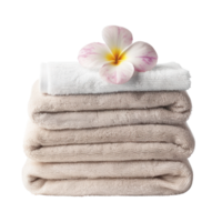 AI generated Stack of Fresh Towels with a Delicate Flower on top of stack towels.Stack of Luxury Bath towels cutout clipart png