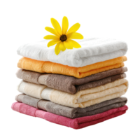 AI generated Stack of Fresh Towels with a Delicate Flower on top of stack towels.Stack of Luxury Bath towels cutout clipart png