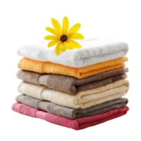 AI generated Stack of Fresh Towels with a Delicate Flower on top of stack towels.Stack of Luxury Bath towels cutout clipart png