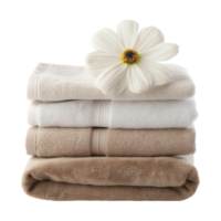 AI generated Stack of Fresh Towels with a Delicate Flower on top of stack towels.Stack of Luxury Bath towels cutout clipart png