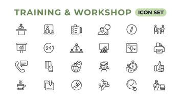 Training and workshop linear icons collection.Set of thin line web icon set, simple line icons collection, Pixel Perfect icons, Eadible vector illustration.