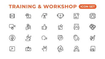 Training and workshop linear icons collection.Set of thin line web icon set, simple line icons collection, Pixel Perfect icons, Eadible vector illustration.