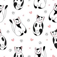 Seamless pattern with many different  black and white cats on white background. Vector illustration for children.