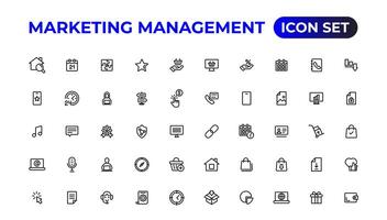 márketing íconos colocar. contenido, buscar, comercio electrónico, SEO, electrónico dispositivos, Internet, análisis.esquema icono.esquema icono. vector