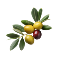 AI generated Olives with olive leaves isolated, healthy and organic food, AI generated, PNG transparent