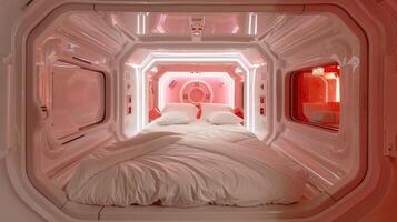 ai generado futurista cama espacio cápsula hotel foto