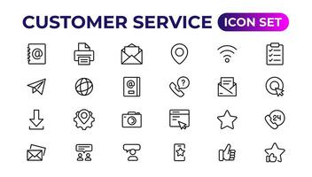 cliente Servicio icono colocar. conteniendo cliente satisfecho, asistencia, experiencia, comentario, operador y técnico apoyo iconos.delgados contorno íconos embalar. vector