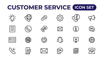 Customer service icon set. Containing customer satisfied, assistance, experience, feedback, operator and technical support icons.Thin outline icons pack. vector