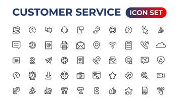 cliente Servicio icono colocar. conteniendo cliente satisfecho, asistencia, experiencia, comentario, operador y técnico apoyo iconos.delgados contorno íconos embalar. vector