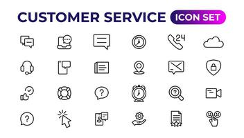 cliente Servicio icono colocar. conteniendo cliente satisfecho, asistencia, experiencia, comentario, operador y técnico apoyo iconos.delgados contorno íconos embalar. vector