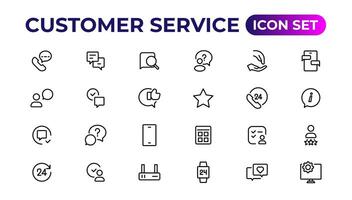 cliente Servicio icono colocar. conteniendo cliente satisfecho, asistencia, experiencia, comentario, operador y técnico apoyo iconos.delgados contorno íconos embalar. vector