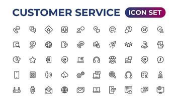 cliente Servicio icono colocar. conteniendo cliente satisfecho, asistencia, experiencia, comentario, operador y técnico apoyo iconos.delgados contorno íconos embalar. vector