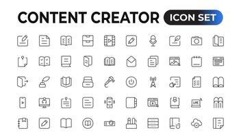 Set of outline icons related to content creation, media. Linear icon collection. Editable stroke. Vector illustration