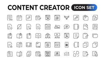 Set of outline icons related to content creation, media. Linear icon collection. Editable stroke. Vector illustration