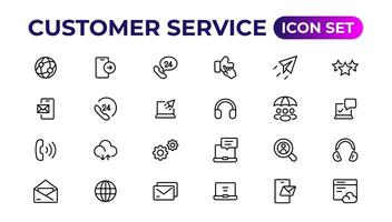 cliente Servicio icono colocar. conteniendo cliente satisfecho, asistencia, experiencia, comentario, operador y técnico apoyo iconos.delgados contorno íconos embalar. vector