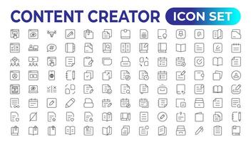 Set of outline icons related to content creation, media. Linear icon collection. Editable stroke. Vector illustration