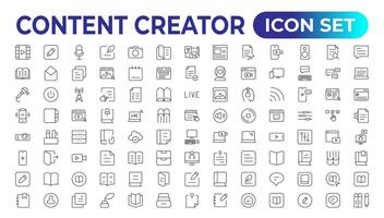 Set of outline icons related to content creation, media. Linear icon collection. Editable stroke. Vector illustration