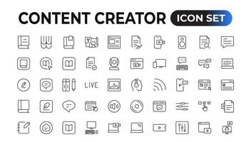 Set of outline icons related to content creation, media. Linear icon collection. Editable stroke. Vector illustration