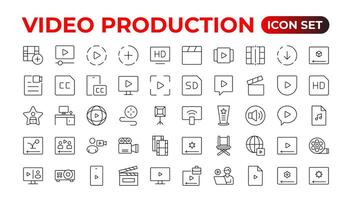 Video icon set. Containing camera, play, pause, media, online video, live, production, player, movie and cinema icons.Outline icon set. vector