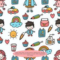 doodle kids seamless pattern with children character,pencil,bag,car,rainbow,sun vector