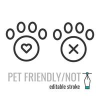 Pet Friendly and Pets not allowed line icons set.Pets zone allowed and no pets public places sign. Vector graphics illustration EPS 10. Editable stroke