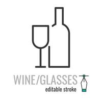 Wine bottle with wine glass line icon. Alcohol symbol.Empty Wineglass and bottle simple thin pictogram.Bar sign. Vector graphics illustration EPS 10. Editable stroke