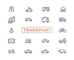 elementos de transporte, vehículos y entrega: conjunto mínimo de iconos web de línea delgada. colección de iconos de contorno. ilustración vectorial simple. vector