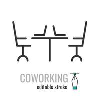 Coworking, Workplace or Workspace line icon.Remote Work symbol.Meeting Room pictogram.Co Working Space sign. Vector graphics illustration EPS 10. Editable stroke