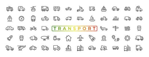 elementos de transporte, vehículos y entrega: conjunto mínimo de iconos web de línea delgada. colección de iconos de contorno. ilustración vectorial simple. vector