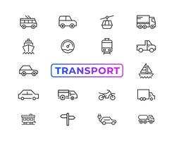 elementos de transporte, vehículos y entrega: conjunto mínimo de iconos web de línea delgada. colección de iconos de contorno. ilustración vectorial simple. vector