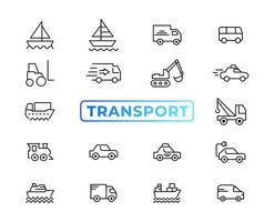 elementos de transporte, vehículos y entrega: conjunto mínimo de iconos web de línea delgada. colección de iconos de contorno. ilustración vectorial simple. vector