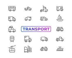 elementos de transporte, vehículos y entrega: conjunto mínimo de iconos web de línea delgada. colección de iconos de contorno. ilustración vectorial simple. vector