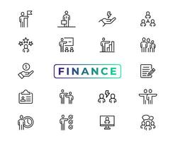 Finance line icons set. Money payments elements outline icons collection. Payments elements symbols. Currency, money, bank, cryptocurrency, check, wallet, piggy, balance, safe - stock vector. vector