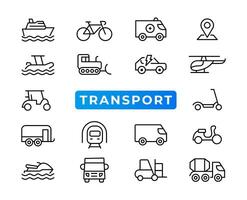 elementos de transporte, vehículos y entrega: conjunto mínimo de iconos web de línea delgada. colección de iconos de contorno. ilustración vectorial simple. vector