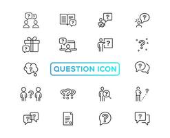 Questions line icons. Artificial intelligence computer, phone with question mark, problem solve. Quiz, faq guide, job interview line icons. Ask person, question bubble, family problem. Vector