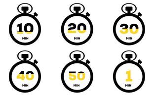 Set of timer and stopwatch icons. Kitchen timer icon with different minutes. Cooking time symbols and labels vector